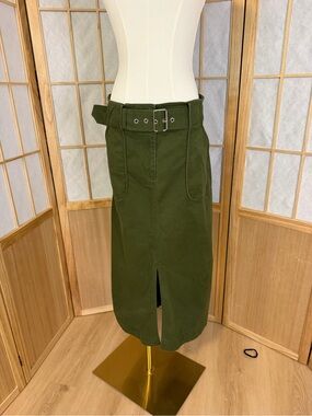 LOFT Olive Green Belted Midi Skirt